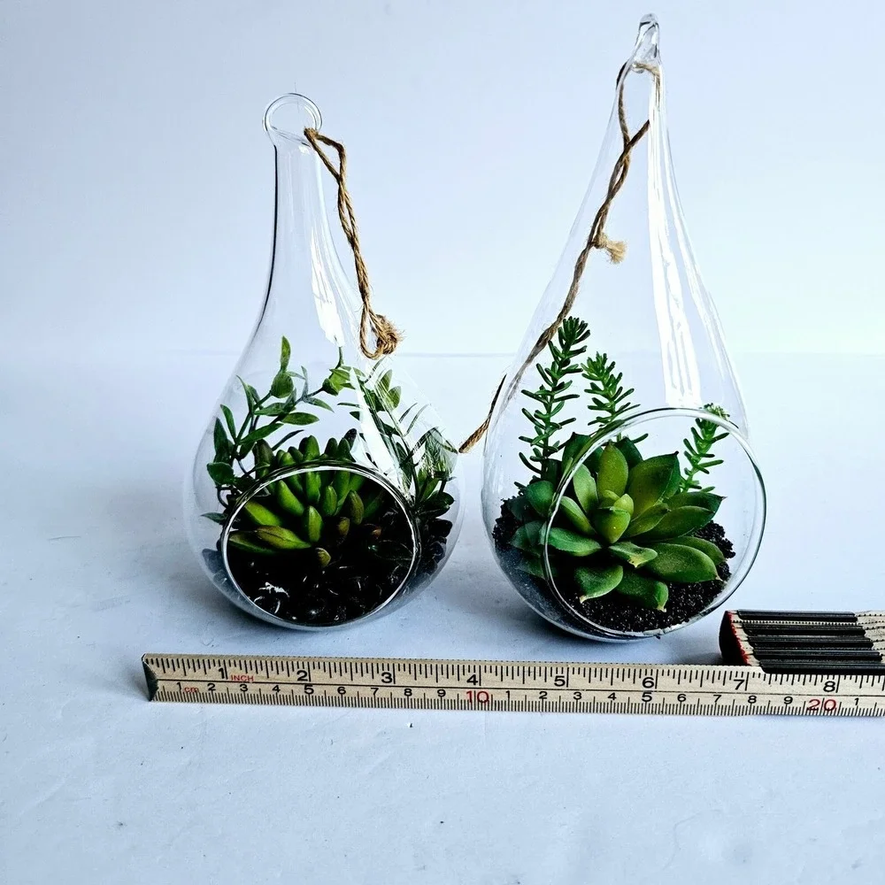 Set of 2 Glass Teardrop‎ Hanging Terrariums with Faux Succulents Home Decor